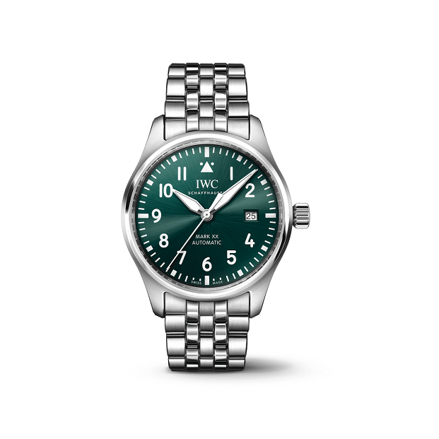 IWC Pilot_sWatchMarkXX Silver watch with green dial on a white background