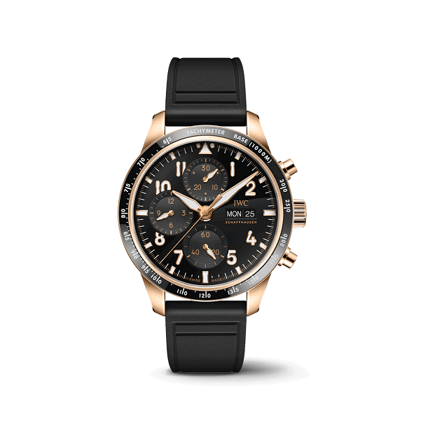 IWC Pilot_sWatchPerformanceChronograph Wristwatch with black strap and rose gold case on a white background