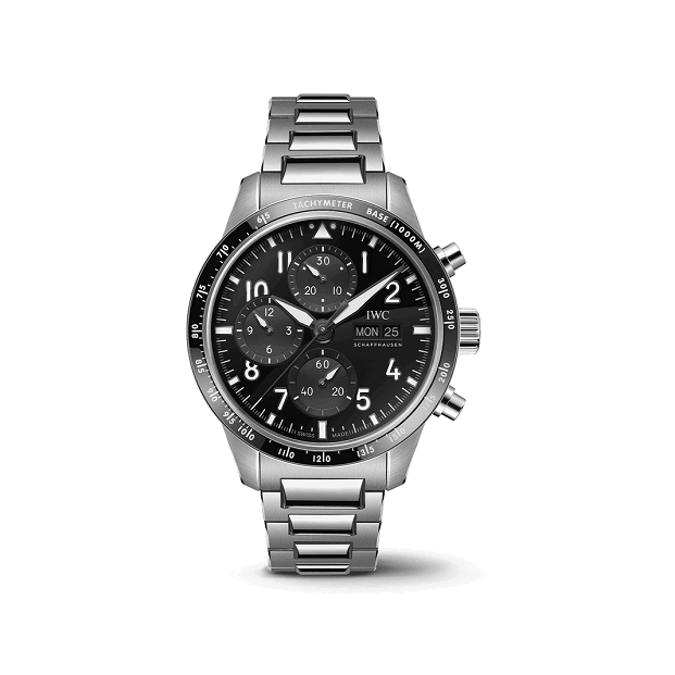 IWC Pilot_sWatchPerformanceChronographAMG Silver IWC watch with a black dial on a white background