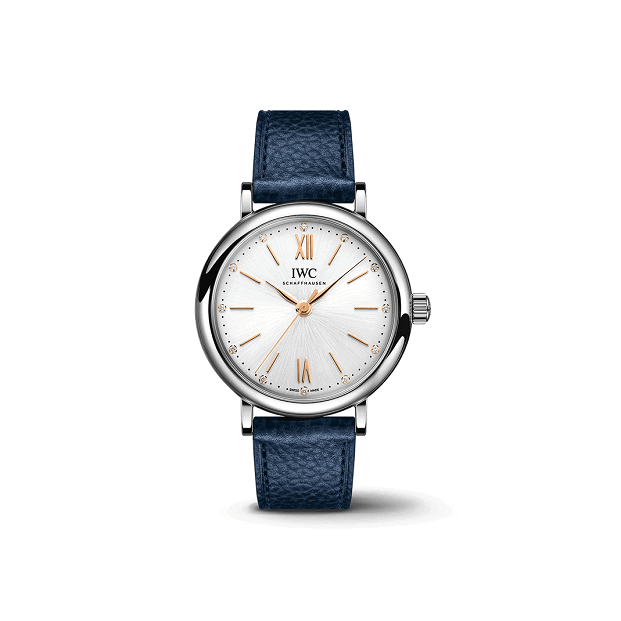 IWC PortofinoAutomatic34 watch with blue strap on a white background