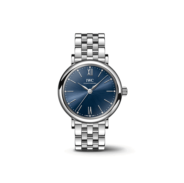IWC PortofinoAutomatic34 Silver watch with a blue dial on a white background
