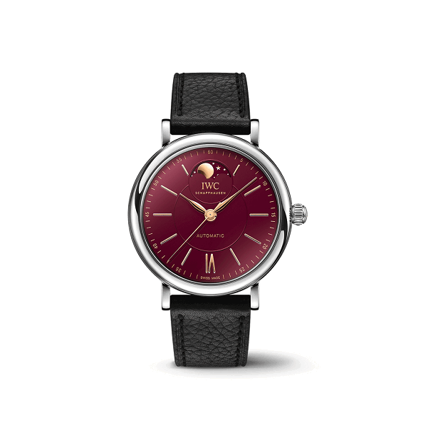 IWC Portofino_Automatic_Moon_Phase_37 watch with a red face and black leather strap on a white background