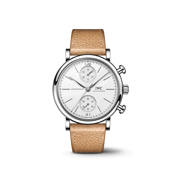 IWC PortofinoChronograph Wristwatch with brown leather strap and silver case on a white background