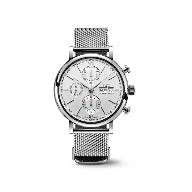 IWC PortofinoChronograph Silver watch with a mesh band on a white background