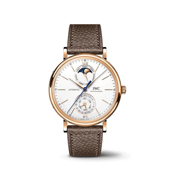 IWC Portofino_Automatic_Moon_Phase_37 Wristwatch with brown leather strap and rose gold case on white background