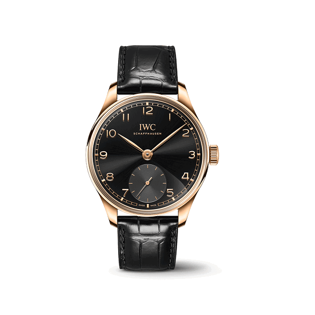 IWC PortugieserAutomatic40  watch with black dial and leather strap on a white background