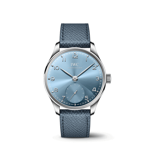 IWC PortugieserAutomatic40 Wristwatch with blue dial and strap on a white background