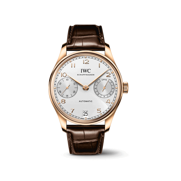 IWC PortugieserAutomatic42 Luxury watch with brown leather strap and white face on a white background