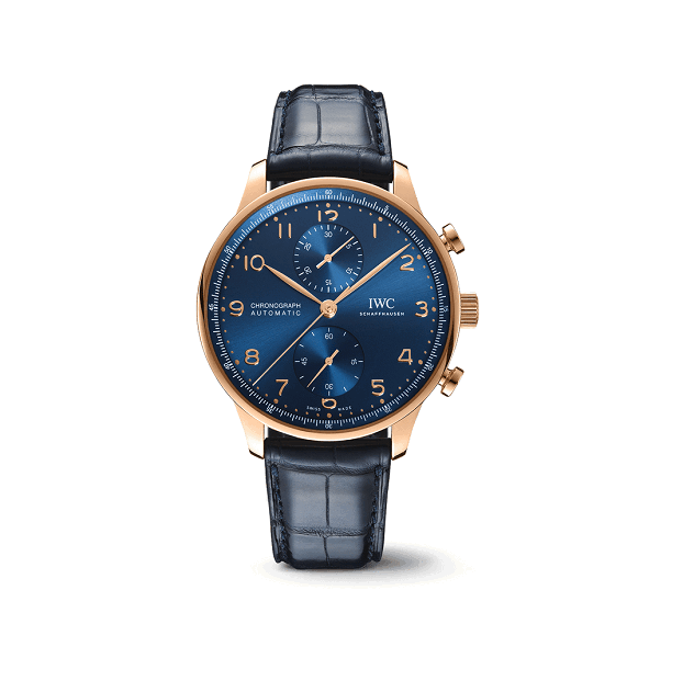 IWC PortugieserChronograph Luxury watch with blue dial and rose gold case on a white background