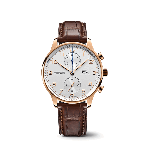 IWC watch with brown leather strap on a white background