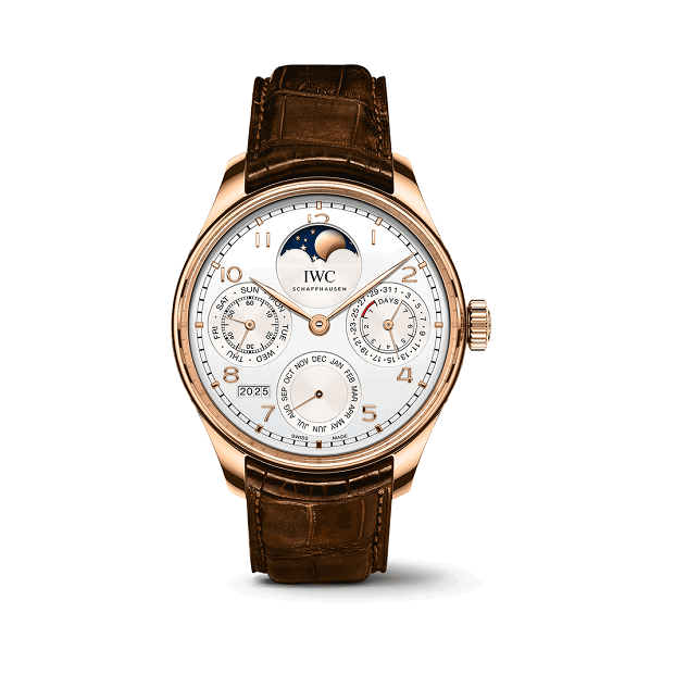 IWC PortugieserPerpetualCalendar Luxury watch with brown leather strap and white face on a white background