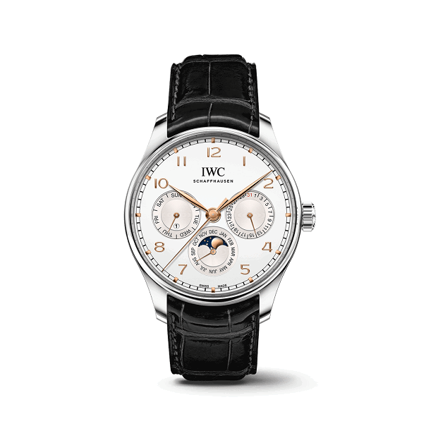 IWC Portugieser PerpetualCalendar  watch with black leather strap on a white background