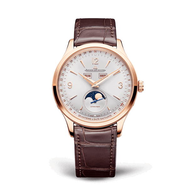 Jaeger-LeCoultre  MasterControlMemovox Luxury watch with brown leather strap and rose gold case on white background