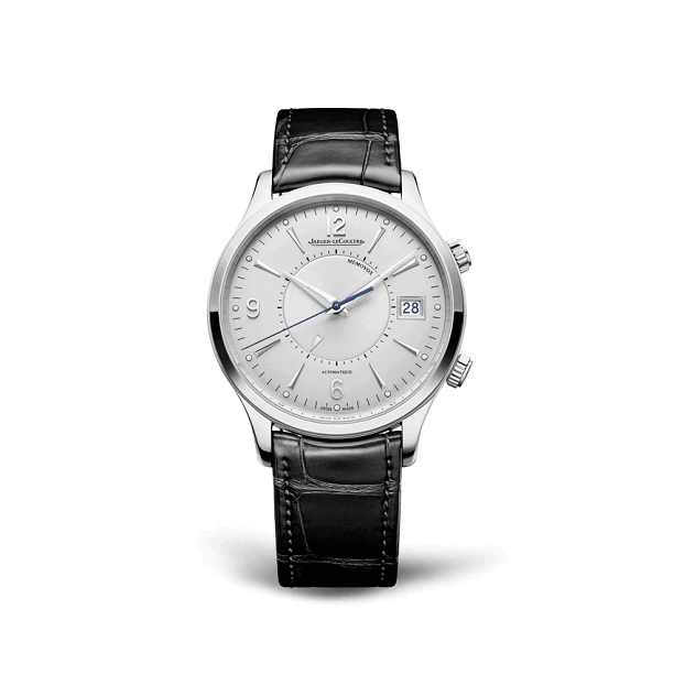 Jaeger-LeCoultre  MasterControlMemovox1  Watch with black leather strap and silver dial on a white background