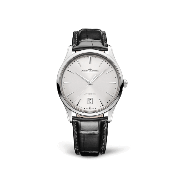 Jaeger-LeCoultre  MasterUltraThinDate Watch with black leather strap and silver case on a white background