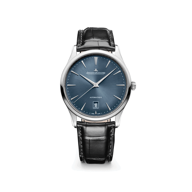 Jaeger-LeCoultre MasterUltraThinDate Watch with blue dial and black leather strap on a white background
