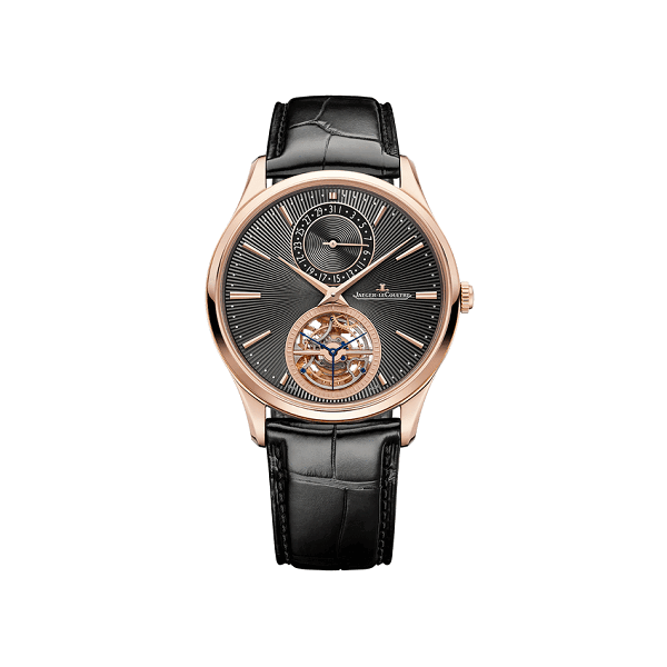 Jaeger-LeCoultre Master_Ultra_Thin Luxury watch with black leather strap and rose gold case on white background