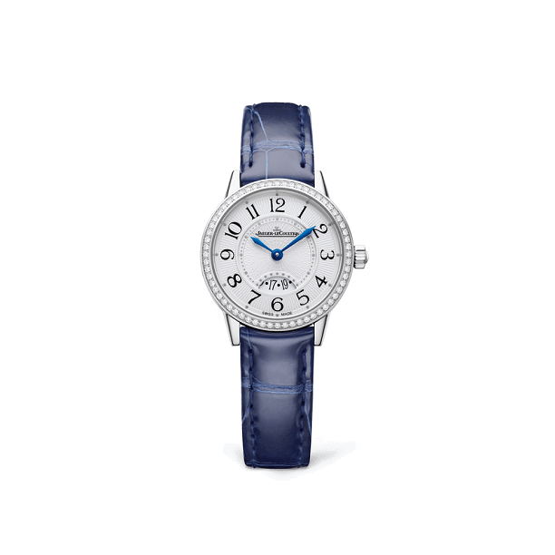 Jaeger-LeCoultre Watch with blue strap and white dial on a white background