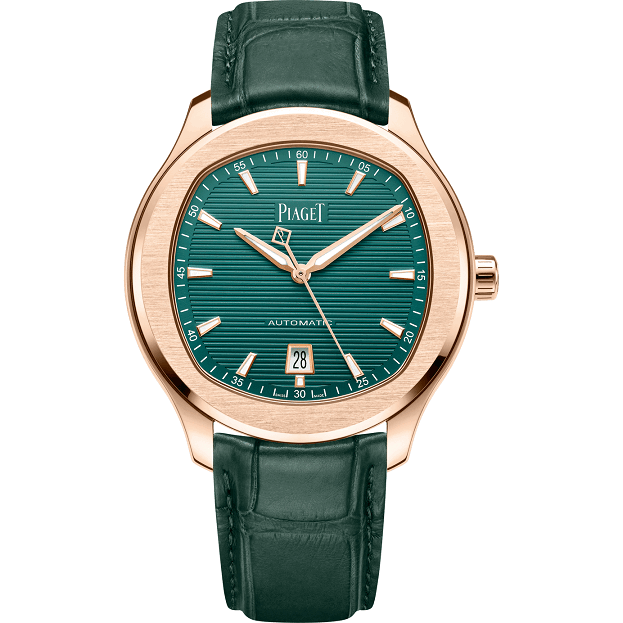 Piaget watch with green face and rose gold case on a white background