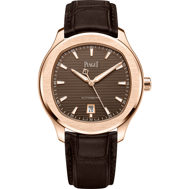Piaget watch with rose gold case and black leather strap on white background