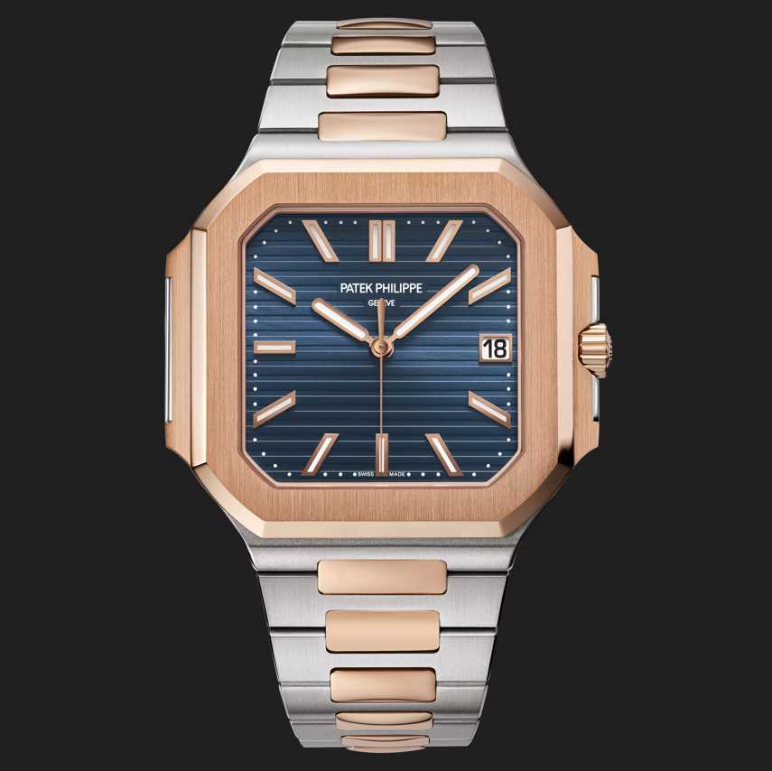 Patek_Philippe_5821_1AR Luxury watch with rose gold and silver band on a black background