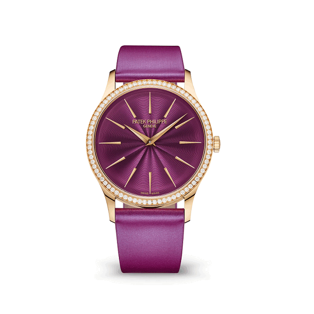 Patek Philippe CALATRAVA-G Watch with purple strap and purple dial on a white background
