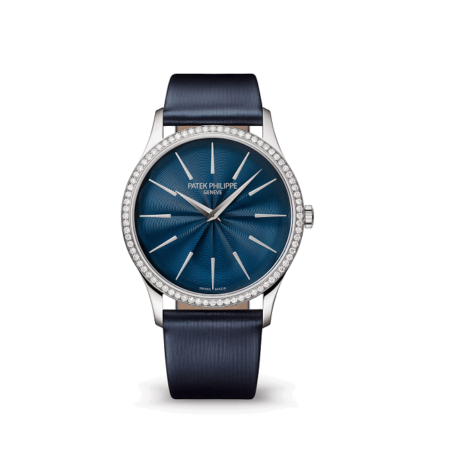 Patek Philippe watch with blue dial and strap on a white background