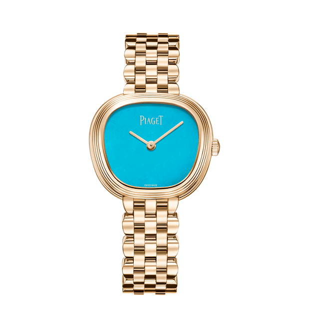 Piaget-Sixtie Gold watch with turquoise dial on a white background