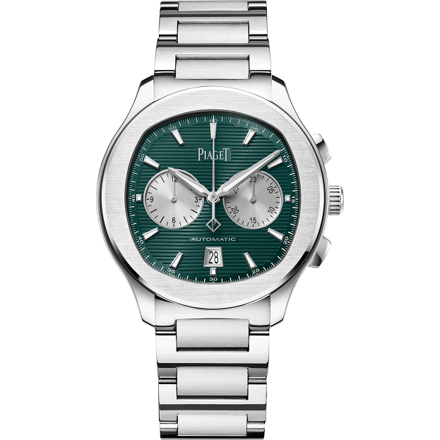 Piaget watch with green dial and silver bracelet on a white background