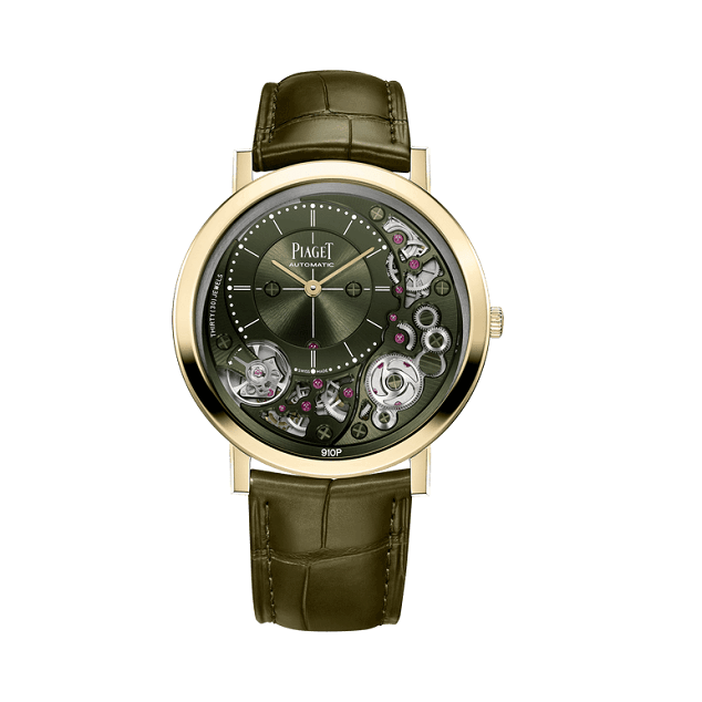 Piaget Altiplano watch with green strap and gold case on a white background