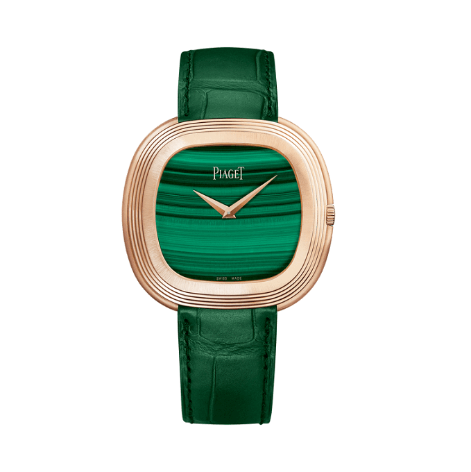 Piaget AndyWarhol Green watch with rose gold case and green strap on white background