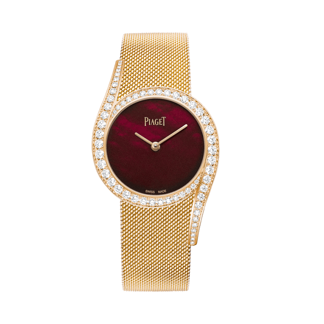 Piaget LimelightGala Gold watch with a red face and diamond accents on a white background