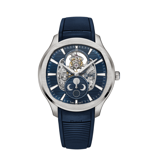 Piaget Polo Watch with blue strap and detailed face on a white background