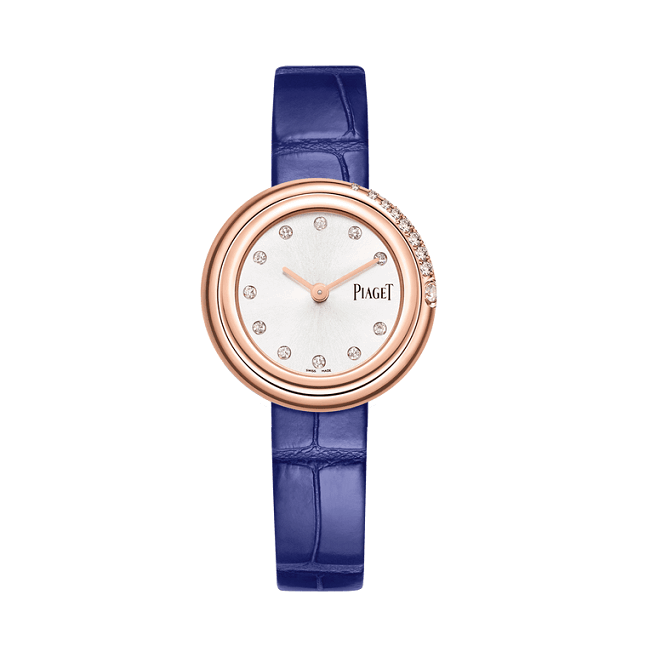 Piaget Possession  watch with blue strap and rose gold case on a white background