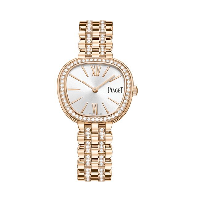Piaget Sixtie Gold watch with diamond accents on a white background