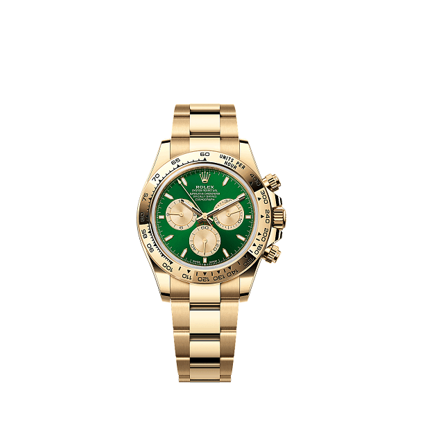 Rolex-CosmographDaytona Gold watch with a green face on a white background
