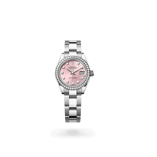 RolexOysterPerpetualLady-Datejust28 Silver watch with a pink face on a white background