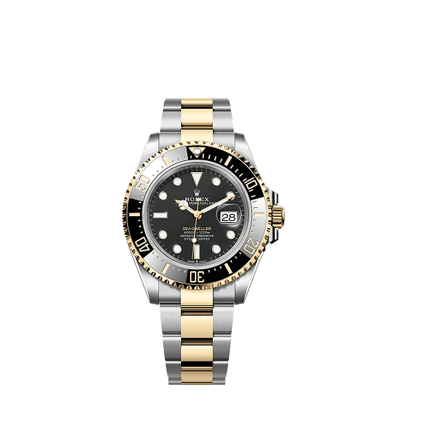 RolexOysterPerpetualSea-Dweller Two-tone Rolex watch with black dial on a white background