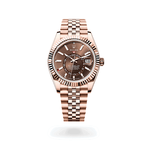 RolexOysterPerpetualSky-Dweller Rose gold watch with a brown dial on a white background