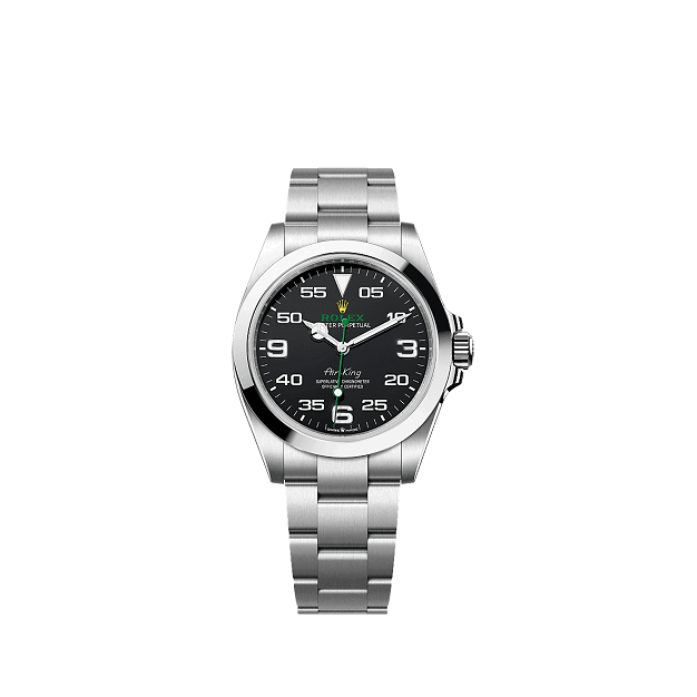 Rolex Air-King40 Silver watch with black dial on a white background