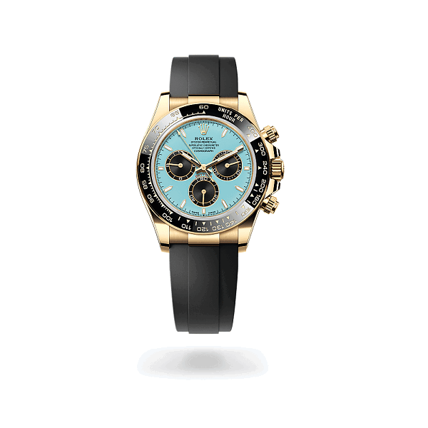 Rolex CosmographDaytona Luxury watch with blue face and black strap on white background