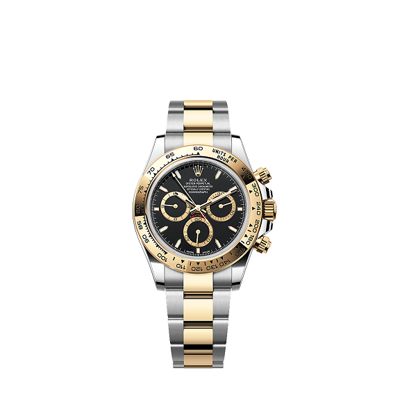 Rolex CosmographDaytona Luxury watch with two-tone metal strap on a white background