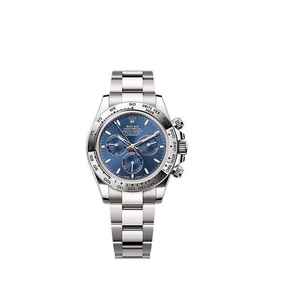 Rolex CosmographDaytona Silver watch with a blue face on a white background