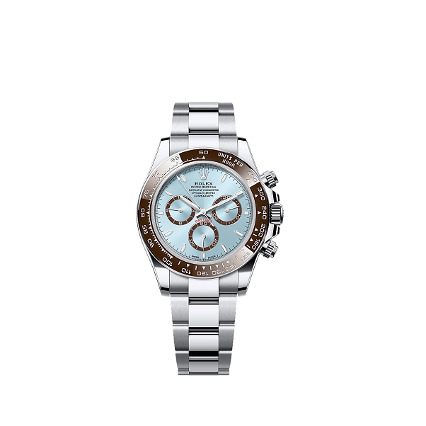 Rolex CosmographDaytona Silver watch with a light blue face on a white background