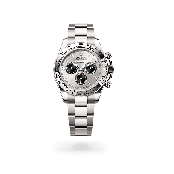 Rolex CosmographDaytona Silver watch with a white face on a white background