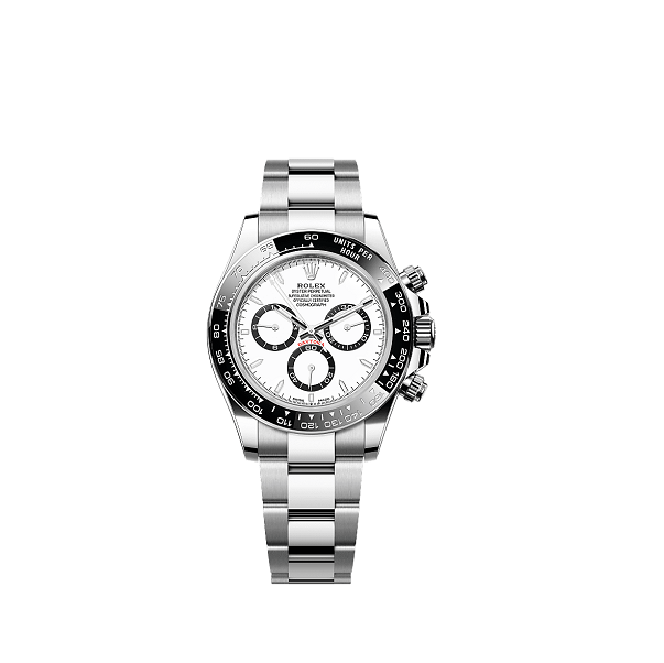 Rolex CosmographDaytona Silver watch with white face on a white background