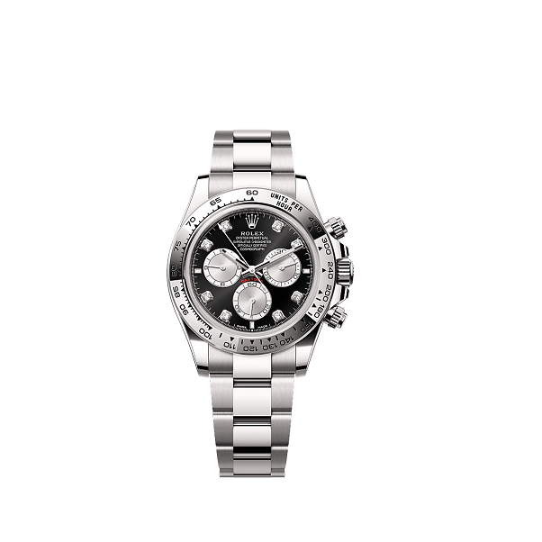 Rolex CosmographDaytona Silver watch with black face on a white background