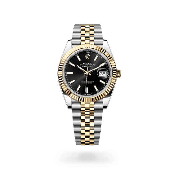 Rolex_Datejust_41 Two-tone watch with black face on a white background