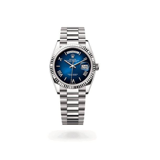 Rolex DayDate 36 Silver watch with a blue face on a white background