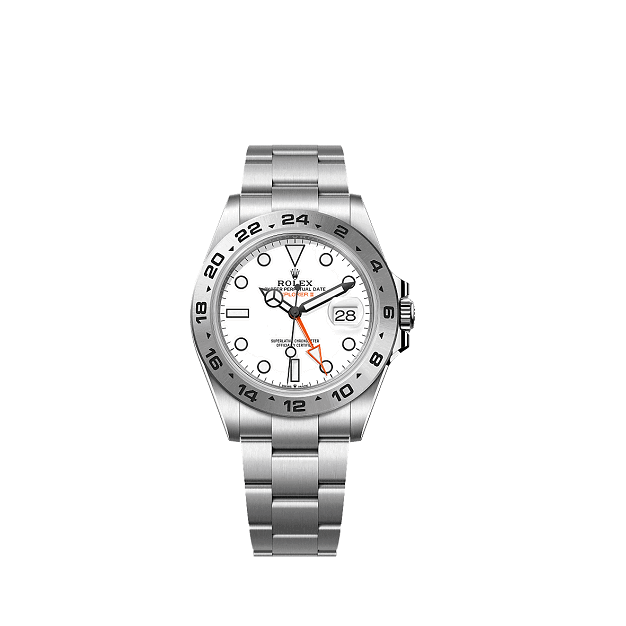 Rolex ExplorerII Silver Rolex watch with a white face on a white background